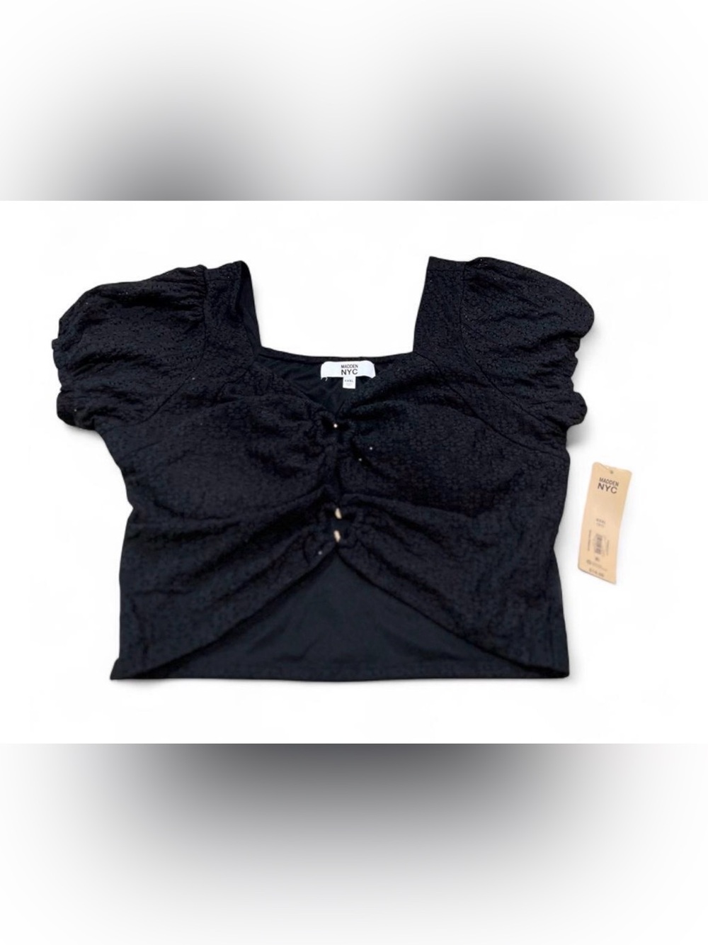 Madden NYC sweetheart Neckline Ruched Front Crop Top With Butterfly Metal accent